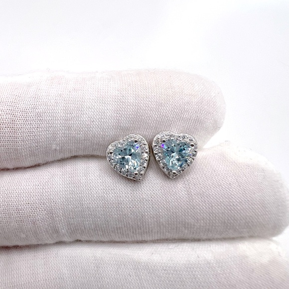 .925 Sterling Silver Aquamarine Cz & Clear Cz Heart Earrings - Picture 13 of 16